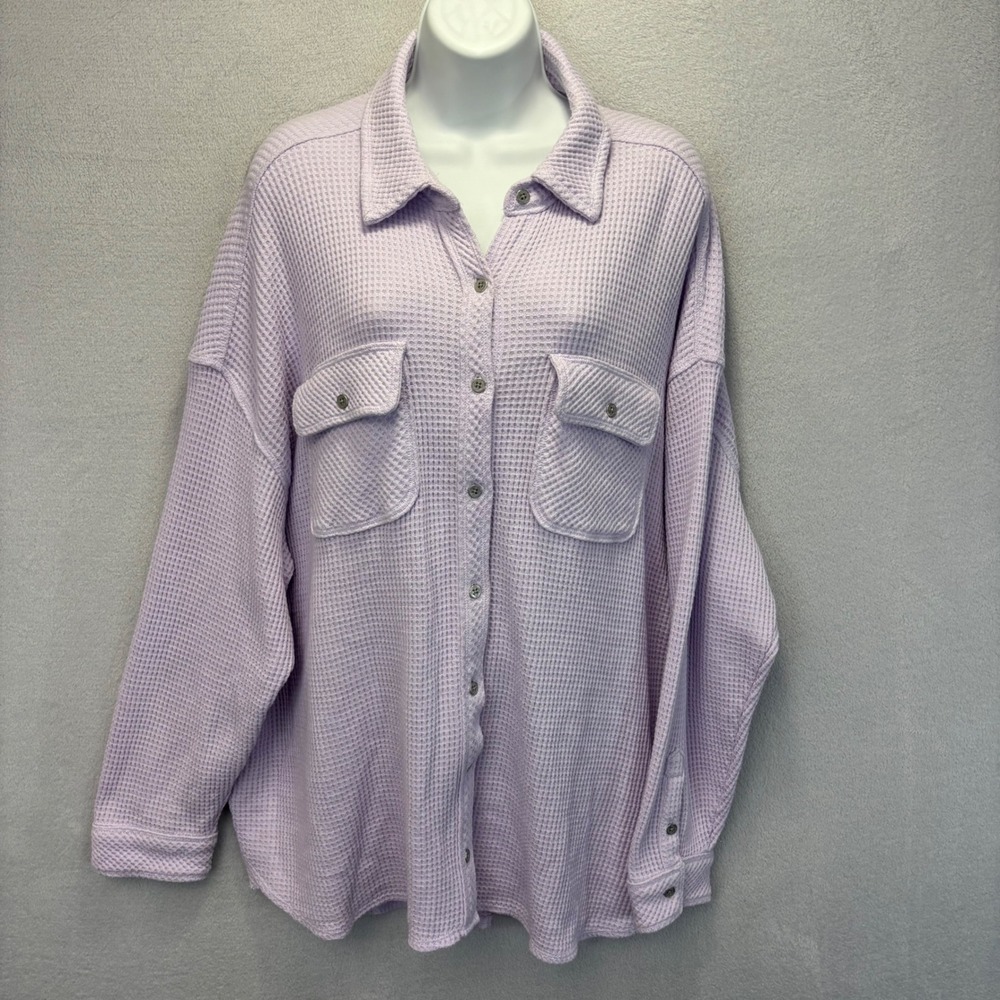 Aerie Oversized Waffle Knit Button Up Shirt Women M Lavender Purple Lumberjane